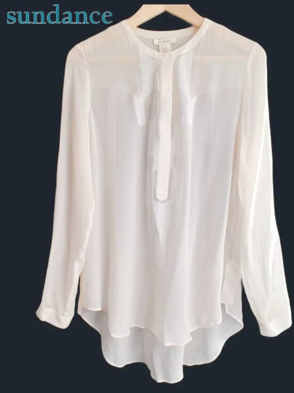 Sundance Silk Embroidered Blouse Sheer Henley Banded Collar White SZ S